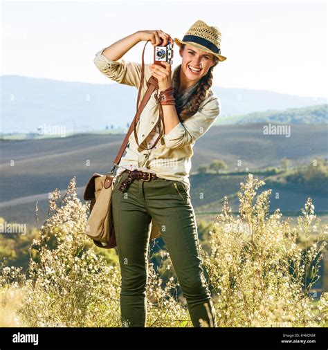 Discovering Magical Views Of Tuscany Smiling Healthy Woman Hiker In