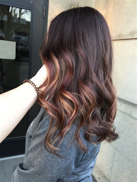 Burgundy Red And Caramel Blonde Balayage On Brunette By Askforamy Light Brown Hair Balayage