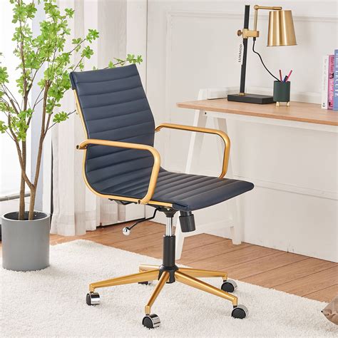 Luxmod Mid Back Gold Office Chair In Blue Leather Adjustable Swivel