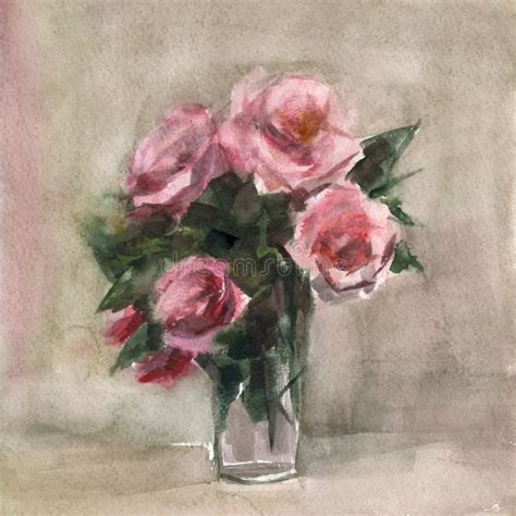 Roses In The Vase Watercolor Flowers Illustration Hand Painted Stock