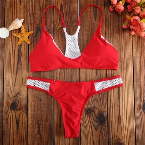 New Red Nude Sheer Mesh Splicing Bikini Swimsuit Swimwear Women