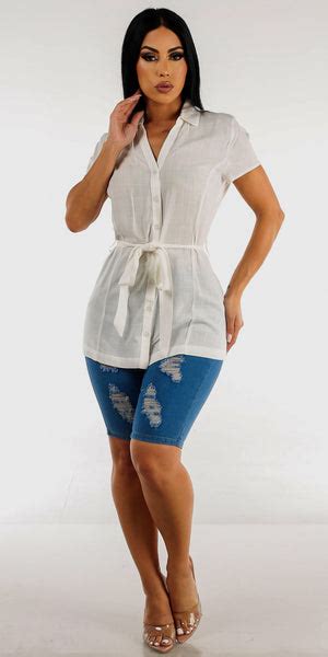 Levantacola Ripped Bermuda Shorts With White Button Up Belted Tunic