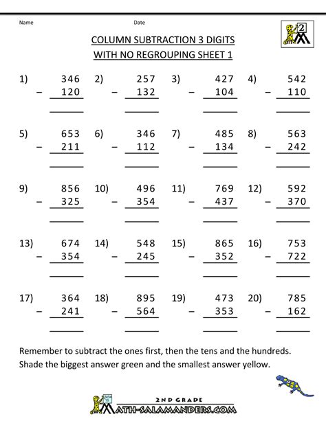 This addition and subtraction exercise is designed to assess your students' math skills at the beginning of third grade. Subtraction with Regrouping Worksheets