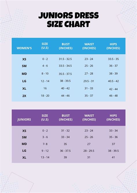 Juniors Clothing Size Chart
