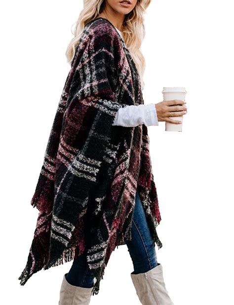 Topshe Womens Plaid Sweater Poncho Oversize Cape Coat Open Front