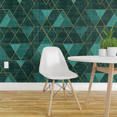 Pre Pasted Wallpaper 2ft Wide Mod Triangles Emerald Teal Geometric
