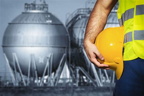 Hand Or Arm Of Engineer Hold Yellow Plastic Helmet In Front Of Oil