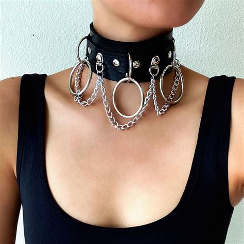 Leather Choker Collar For Women Goth Punk Choker Chain Silver Color