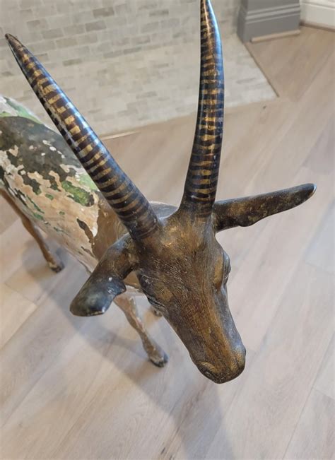 Large Antique East African Carved Wood And Bronze Antelope Deer Folk