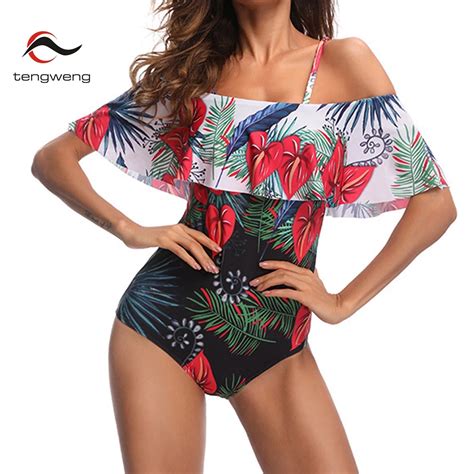 2018 New Sexy Ruffle Off Shoulder One Piece Monokini Swimsuit Female Vintage Floral Print