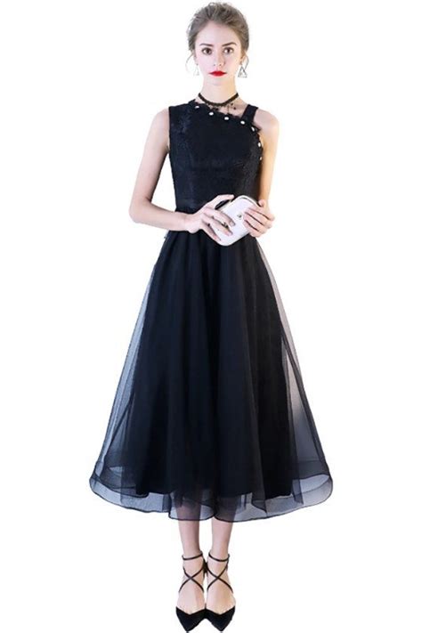 Black Lace Tulle Midi Party Dress With Irregular Shoulder 7031