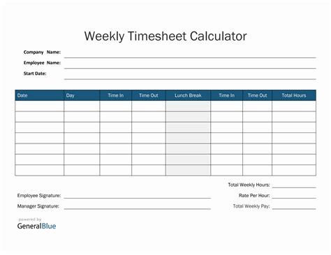 Weekly Timesheet Calculator In Pdf Blue