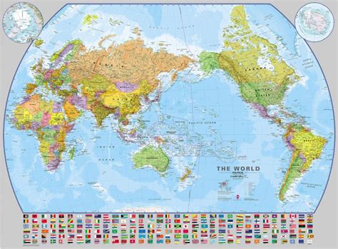 Large Pacific Centered World Wall Map With Flags Laminated
