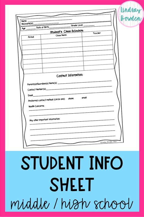 Student Information Sheet For Middle Or High School Multiple Versions