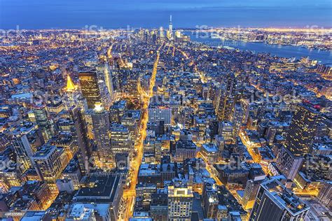Manhattan New York Aerial View At Night Stock Photo Download Image