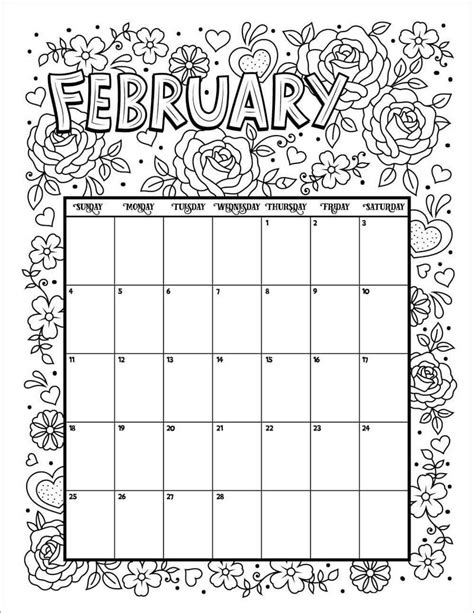 February Calendar Flower Theme Coloring Pages