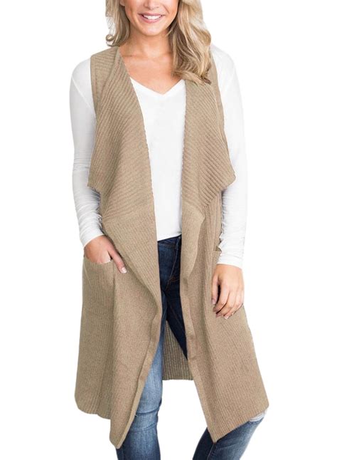 Sidefeel Women Sleeveless Open Front Knitted Long Cardigan Sweater Vest