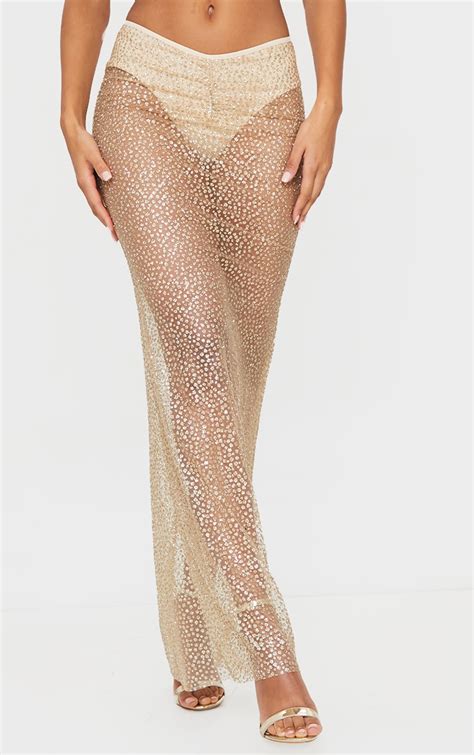 Gold Glitter Printed V Waist Sheer Maxi Skirt Prettylittlething