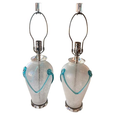 Vintage Murano Aqua Blue Glass Brass Lucite Table Lamp a Pair at