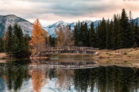 Wooden Bridge In Autumn Forest Reflection On Cascade Ponds At Banff