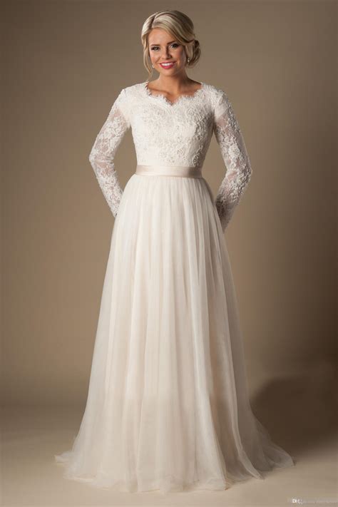 Discount 2016 Informal Long A Line Lace Tulle Modest Temple Wedding Dresses Long Sleeves V Neck