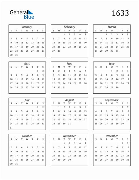 1633 Blank Yearly Calendar Printable