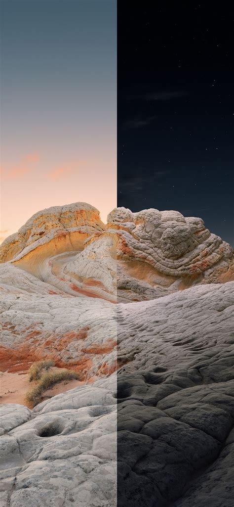 Two Different Views Of The Same Mountain Range At Night And Day Each
