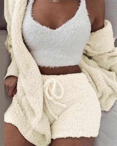 Fluffy Drawstring Waist Sweetheart 3 Piece Shorts Set White Xl In