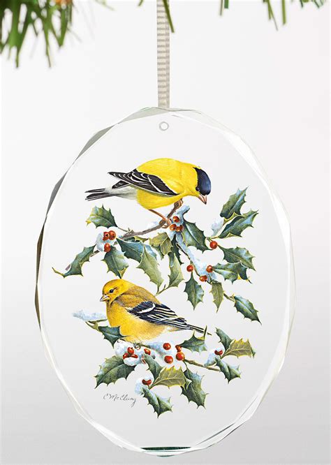 Spring Goldfinch Bird Round Glass Christmas Tree Ornaments Set Of 6