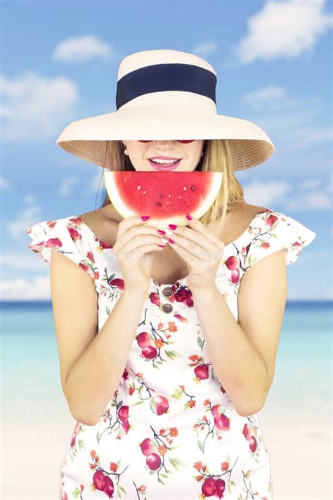 Pretty Young Woman Eating Watermelon On Beach Stock Image Image Of