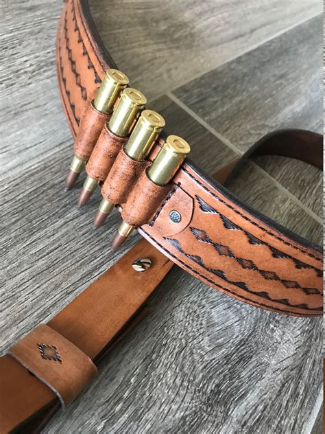 Hand Tooled Leather Rifle Sling With Bullet Loops Finished In Antique