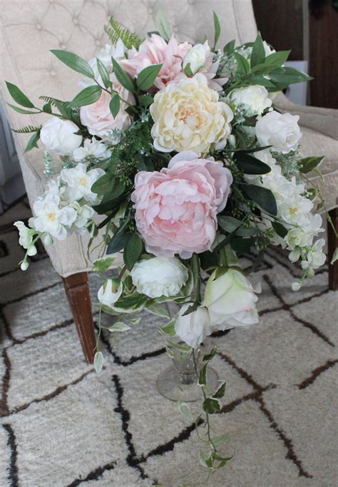Brides Boho Bouquet With Blush White Roses Blush Dahlias And Etsy