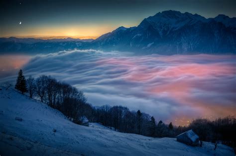 Snow Sunset Mountain Mist City Wallpapers Hd Desktop