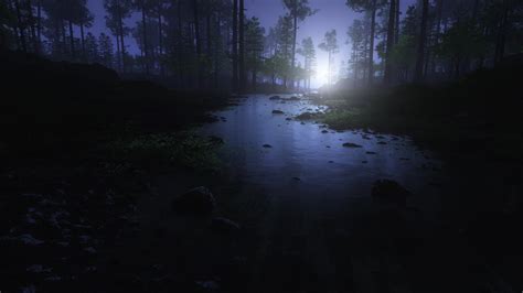 Eerie Moon Shining Forest River 4k Ultra Hd Desktop Wallpaper