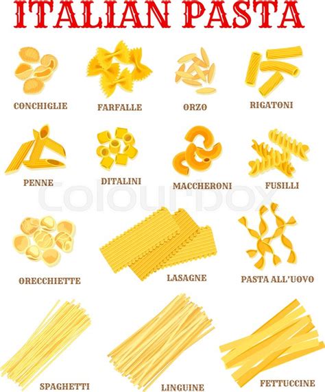 This includes the familiar spaghetti noodles and a number of similar shapes. Italian pasta list of different shapes ... | Stock vector ...