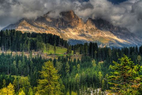 Mountain Cliff Cottage Forest Lights Trees Clouds