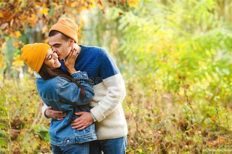 Stylish Fashion Couple Kissing Outdoors In Autumn First Kiss Sensual
