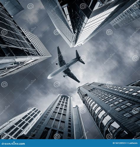 Abstract Futuristic Cityscape View With Airplane Hong Kong Stock Image