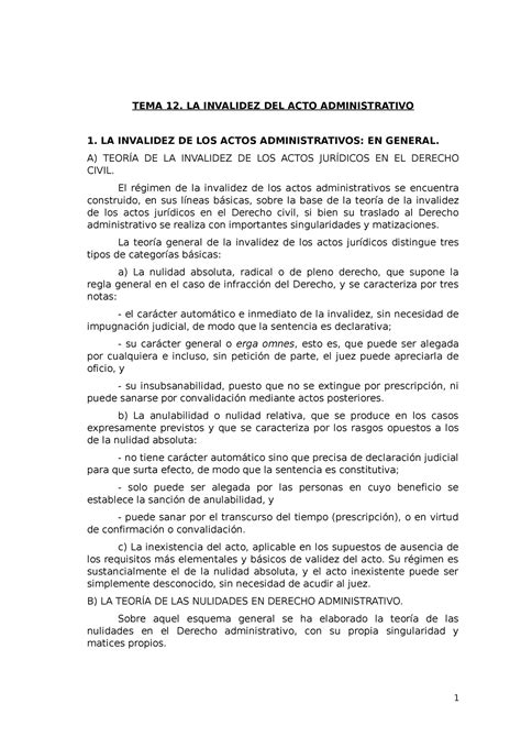 Tema 12 Apuntes TEMA 12 LA INVALIDEZ DEL ACTO ADMINISTRATIVO 1 LA