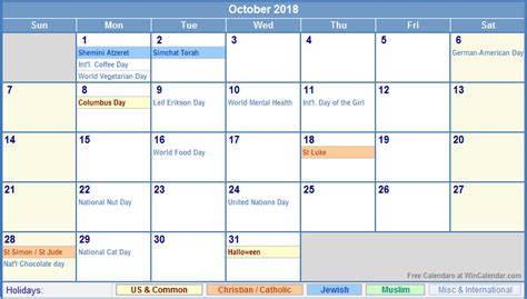 October 2018 Us Calendar With Holidays For Printing Image Format