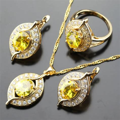 Yellow Zircon White Cubic Zirconia Jewelry Set For Women Gold Color Crystal Necklace Stud