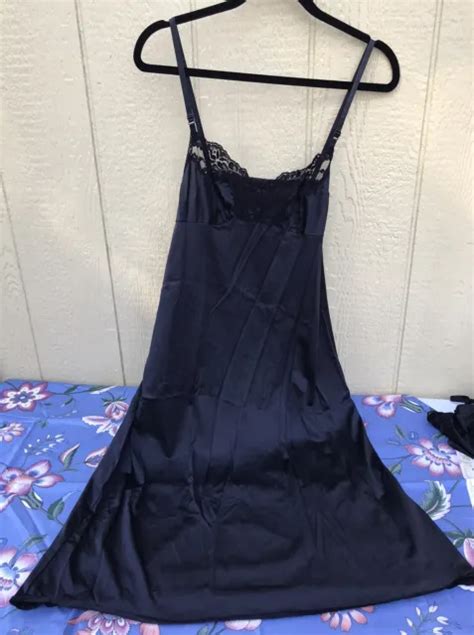 Vtg Vassarette Full Black Nylon Slip Dress Nightgown Lace Front Trim Sz