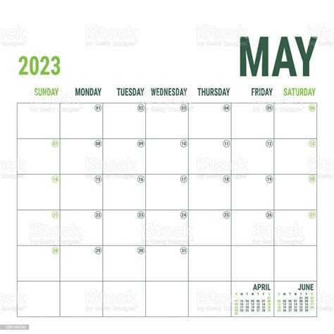May Planner 2023 Year English Vector Square Calendar Template
