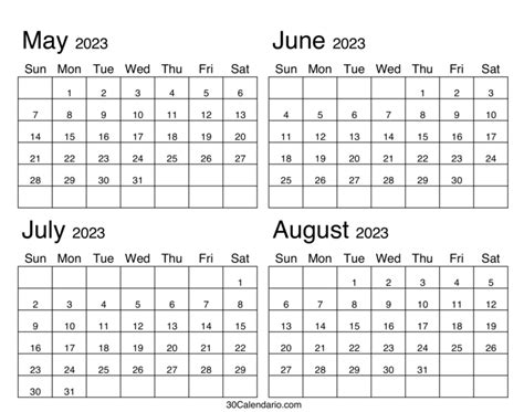 May To August 2023 Calendar Template May June July August Printable