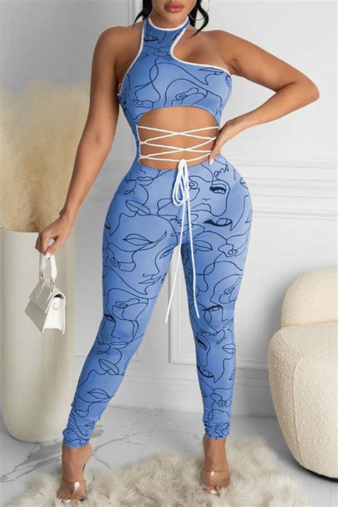 Blue Fashion Sexy Print Hollowed Out Backless O Neck Skinny Jumpsuits