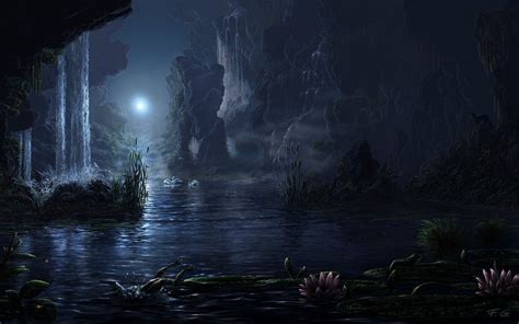 Fantasy Paintings Cg Digital Art Lakes Nature Waterfalls Mountains