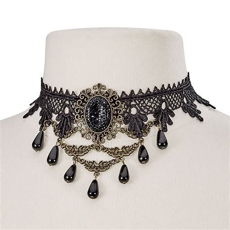 black lace and drop bead choker beaded choker goth choker necklaces lace choker necklace