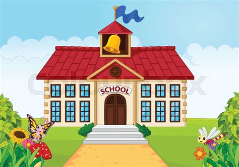 Cartoon School Building Isolated With Green Yardc Stock Vector