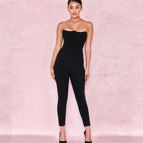 Fashion Women Sexy Backless Black Solid Bandage Jumpsuit Bodycon
