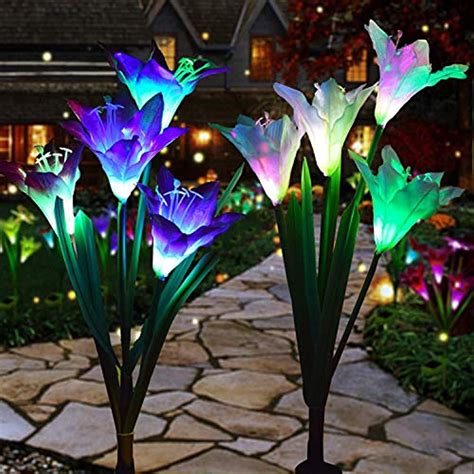Outdoor Solar Lights Decorative Led Flowers Pack Of 2 Lilies Patio Dcor